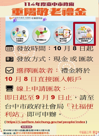 114年重陽禮金線上申請轉帳宣導海報